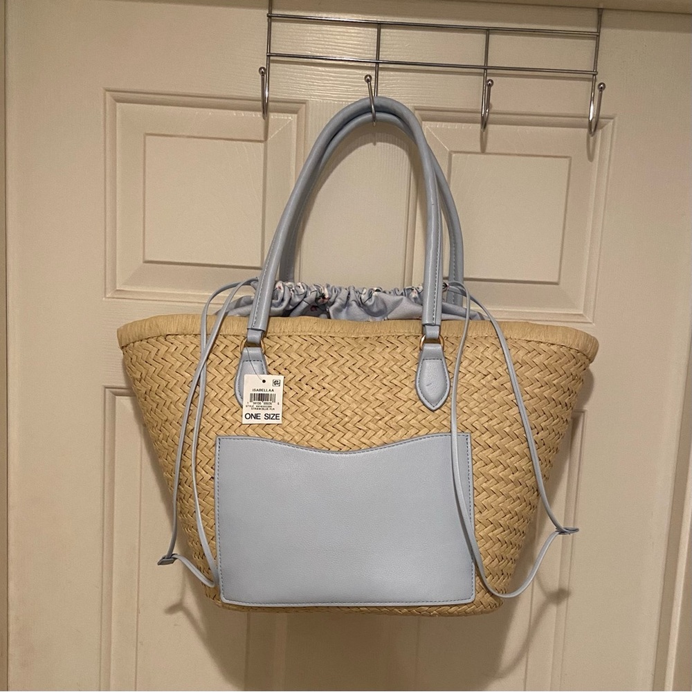 On 34th Isabella Large Straw Tote Bag Drawstring Closure Tan/Blue  Flowers NEW